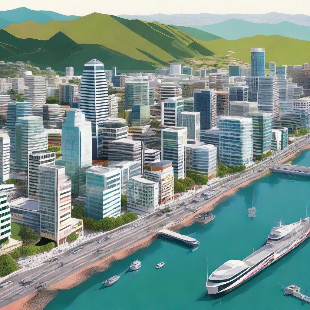 Depiction of Wellington, New Zealand, 200 years in the future, focusing on innovative architecture, eco-friendly city planning, and self-driving cars.