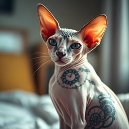 A detailed and artistic portrayal of a sphynx cat, showcasing its unique hairless body and large ears, prominently featuring a beautifully designed clock tattoo on its side