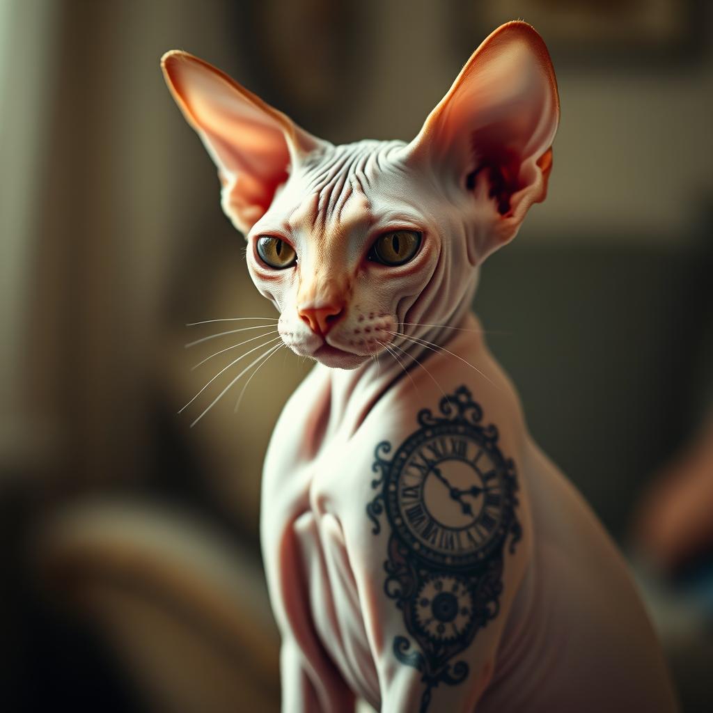 A detailed and artistic portrayal of a sphynx cat, showcasing its unique hairless body and large ears, prominently featuring a beautifully designed clock tattoo on its side