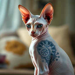 A detailed and artistic portrayal of a sphynx cat, showcasing its unique hairless body and large ears, prominently featuring a beautifully designed clock tattoo on its side