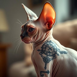 A detailed and artistic portrayal of a sphynx cat, showcasing its unique hairless body and large ears, prominently featuring a beautifully designed clock tattoo on its side