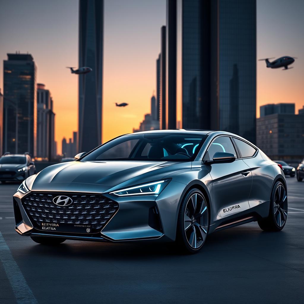 A futuristic 2055 Hyundai Elantra, showcasing a sleek, aerodynamic design with sharp angles and an innovative, illuminated front grille