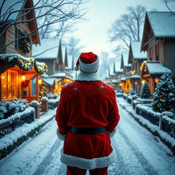 A man dressed in a classic Santa suit, facing away from the camera, gazing down a picturesque snowy neighborhood during Christmas