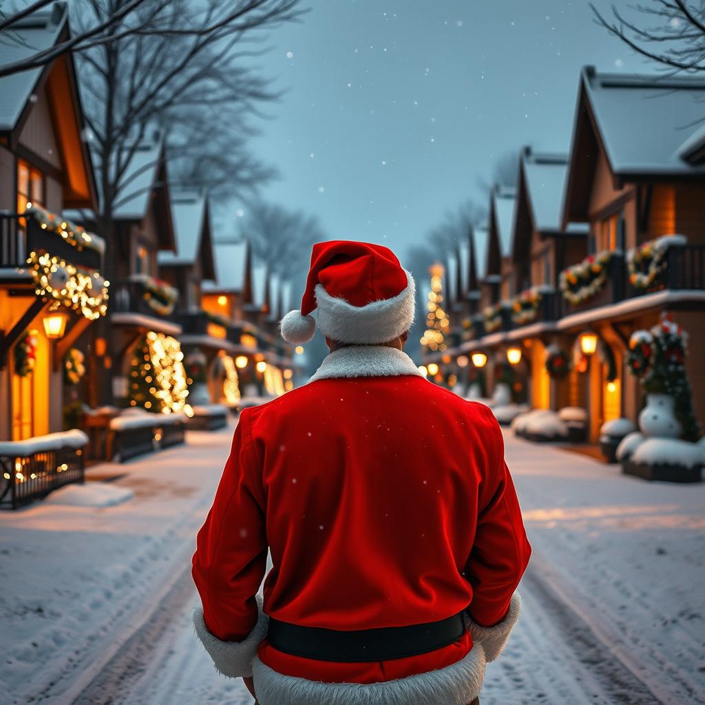 A man dressed in a classic Santa suit, facing away from the camera, gazing down a picturesque snowy neighborhood during Christmas