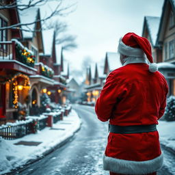A man dressed in a classic Santa suit, facing away from the camera, gazing down a picturesque snowy neighborhood during Christmas