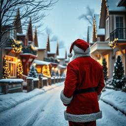 A man dressed in a classic Santa suit, facing away from the camera, gazing down a picturesque snowy neighborhood during Christmas