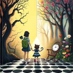 An illustrated book cover featuring a pastel-colored enchanted forest divided into two distinct sides