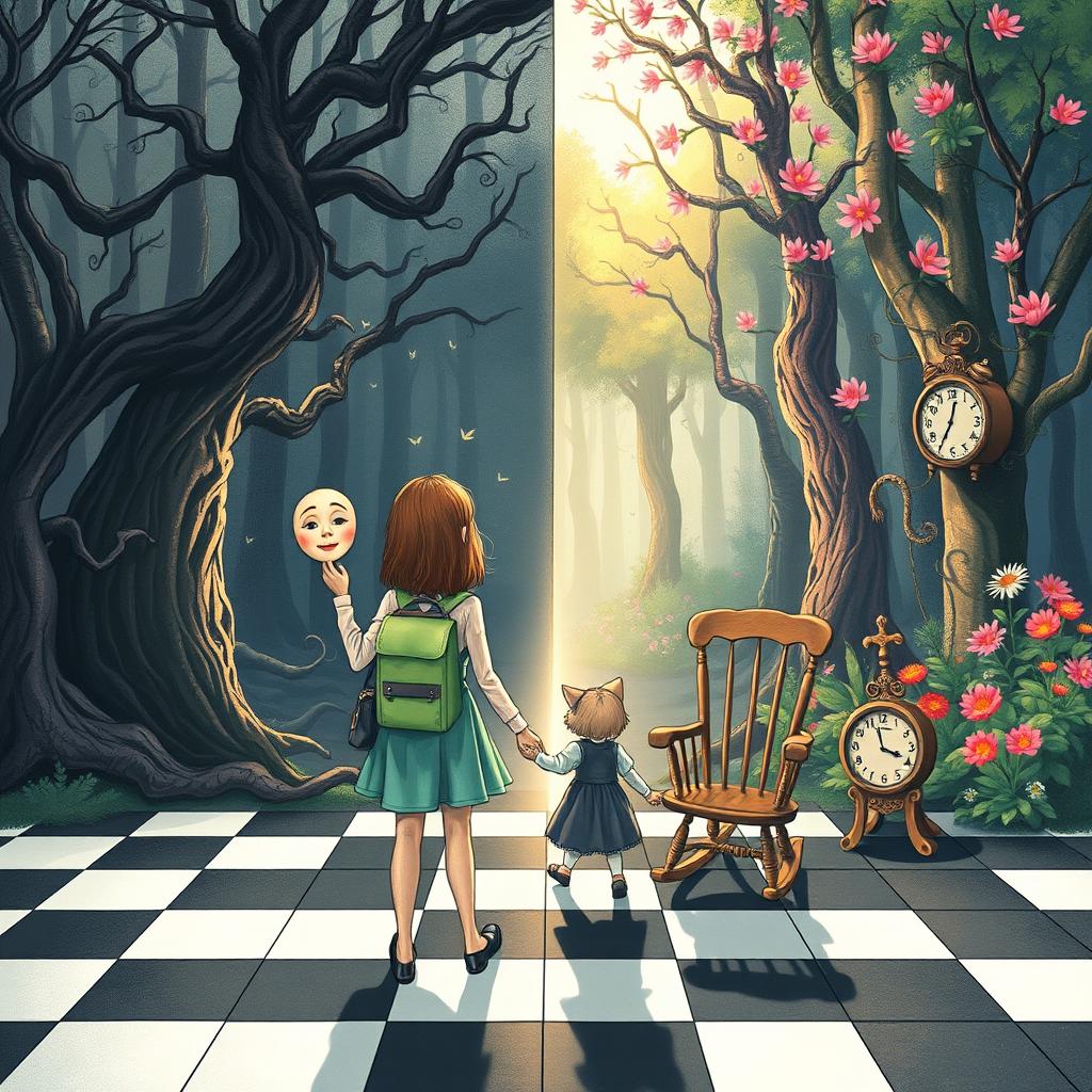An illustrated book cover featuring a pastel-colored enchanted forest divided into two distinct sides