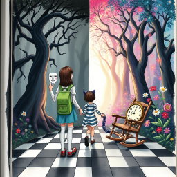 An illustrated book cover featuring a pastel-colored enchanted forest divided into two distinct sides