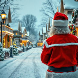 Santa Claus, wearing his iconic red suit, is seen from behind, looking down a beautiful, lavishly decorated snowy neighborhood during Christmas