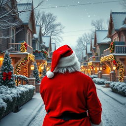 Santa Claus, wearing his iconic red suit, is seen from behind, looking down a beautiful, lavishly decorated snowy neighborhood during Christmas