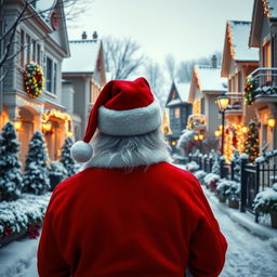 Santa Claus, wearing his iconic red suit, is seen from behind, looking down a beautiful, lavishly decorated snowy neighborhood during Christmas