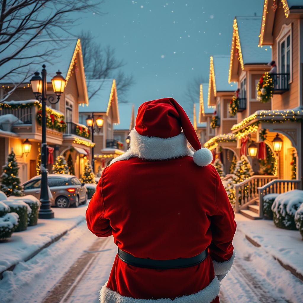 Santa Claus, wearing his iconic red suit, is seen from behind, looking down a beautiful, lavishly decorated snowy neighborhood during Christmas