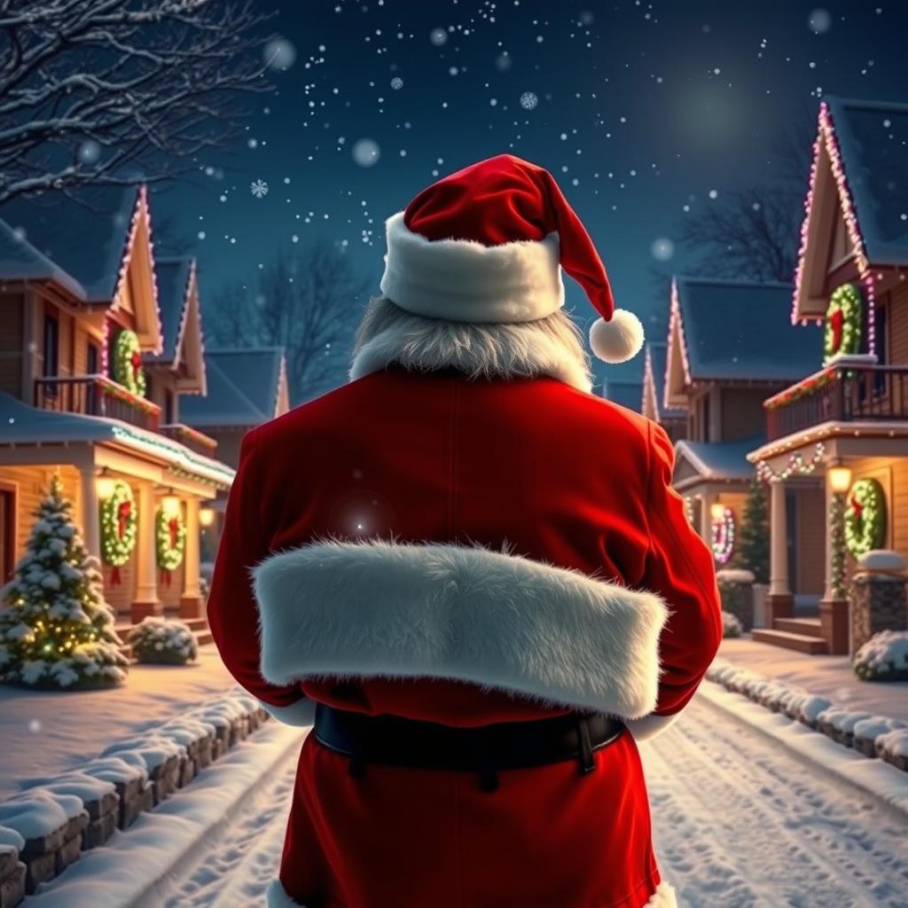 Santa Claus, depicted from behind, gazing down a luxurious snowy neighborhood during Christmas