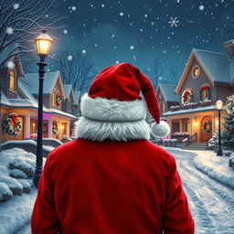 Santa Claus, depicted from behind, gazing down a luxurious snowy neighborhood during Christmas