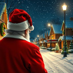 Santa Claus, depicted from behind, gazing down a luxurious snowy neighborhood during Christmas