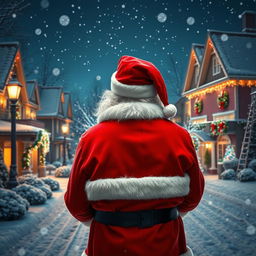 Santa Claus, depicted from behind, gazing down a luxurious snowy neighborhood during Christmas