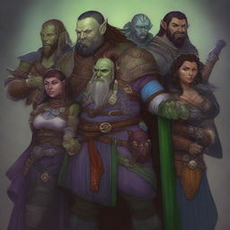 A high-quality digital art image showcasing a diverse group of Dungeons and Dragons characters