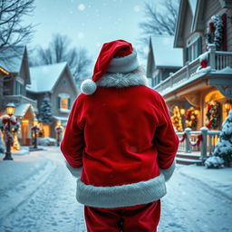 Santa Claus, viewed from behind, stands with his back to the camera, gazing down a luxurious snowy neighborhood during the Christmas season