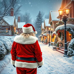 Santa Claus, viewed from behind, stands with his back to the camera, gazing down a luxurious snowy neighborhood during the Christmas season