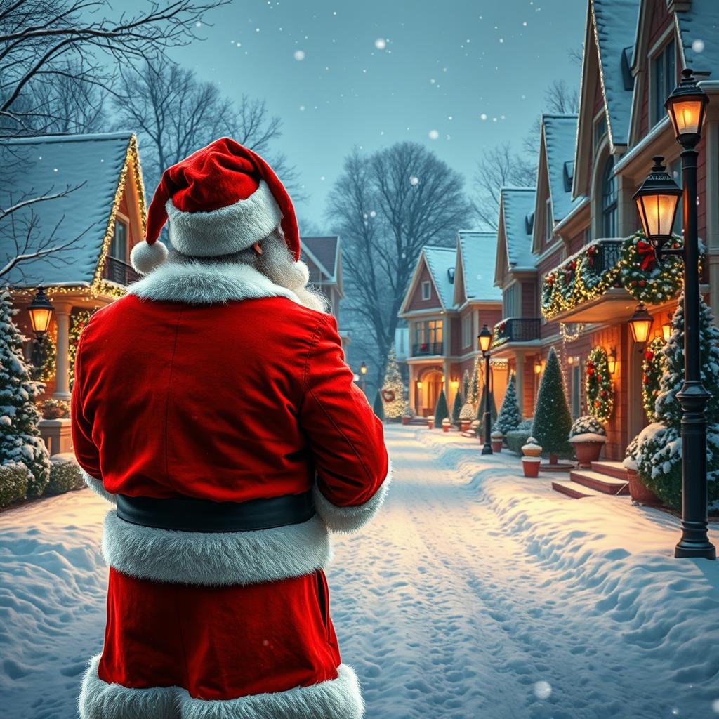 Santa Claus, viewed from behind, stands with his back to the camera, gazing down a luxurious snowy neighborhood during the Christmas season