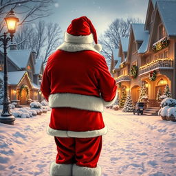Santa Claus, viewed from behind, stands with his back to the camera, gazing down a luxurious snowy neighborhood during the Christmas season