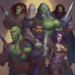 A high-quality digital art image showcasing a diverse group of Dungeons and Dragons characters