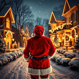 Santa Claus, from behind, stands with his back to the camera, looking down a beautifully decorated snowy neighborhood during Christmas