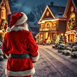 Santa Claus, from behind, stands with his back to the camera, looking down a beautifully decorated snowy neighborhood during Christmas