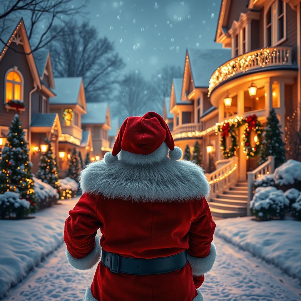 Santa Claus, from behind, stands with his back to the camera, looking down a beautifully decorated snowy neighborhood during Christmas