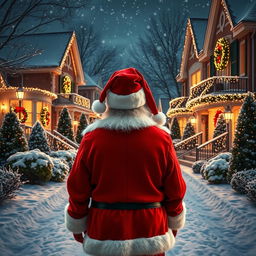 Santa Claus, from behind, stands with his back to the camera, looking down a beautifully decorated snowy neighborhood during Christmas