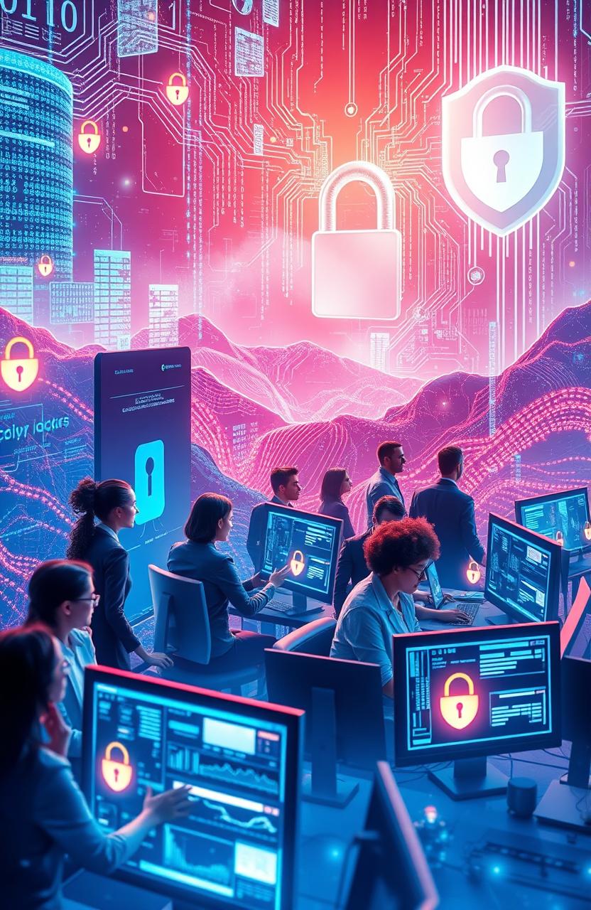A dynamic and visually engaging representation of cyber security, featuring a futuristic landscape filled with glowing digital elements, like binary code streams, holographic displays, and intricate circuit patterns