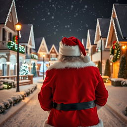 Santa Claus, seen from behind, stands with his back to the camera, gazing down a picturesque snowy neighborhood during Christmas