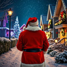 Santa Claus, seen from behind, stands with his back to the camera, gazing down a picturesque snowy neighborhood during Christmas