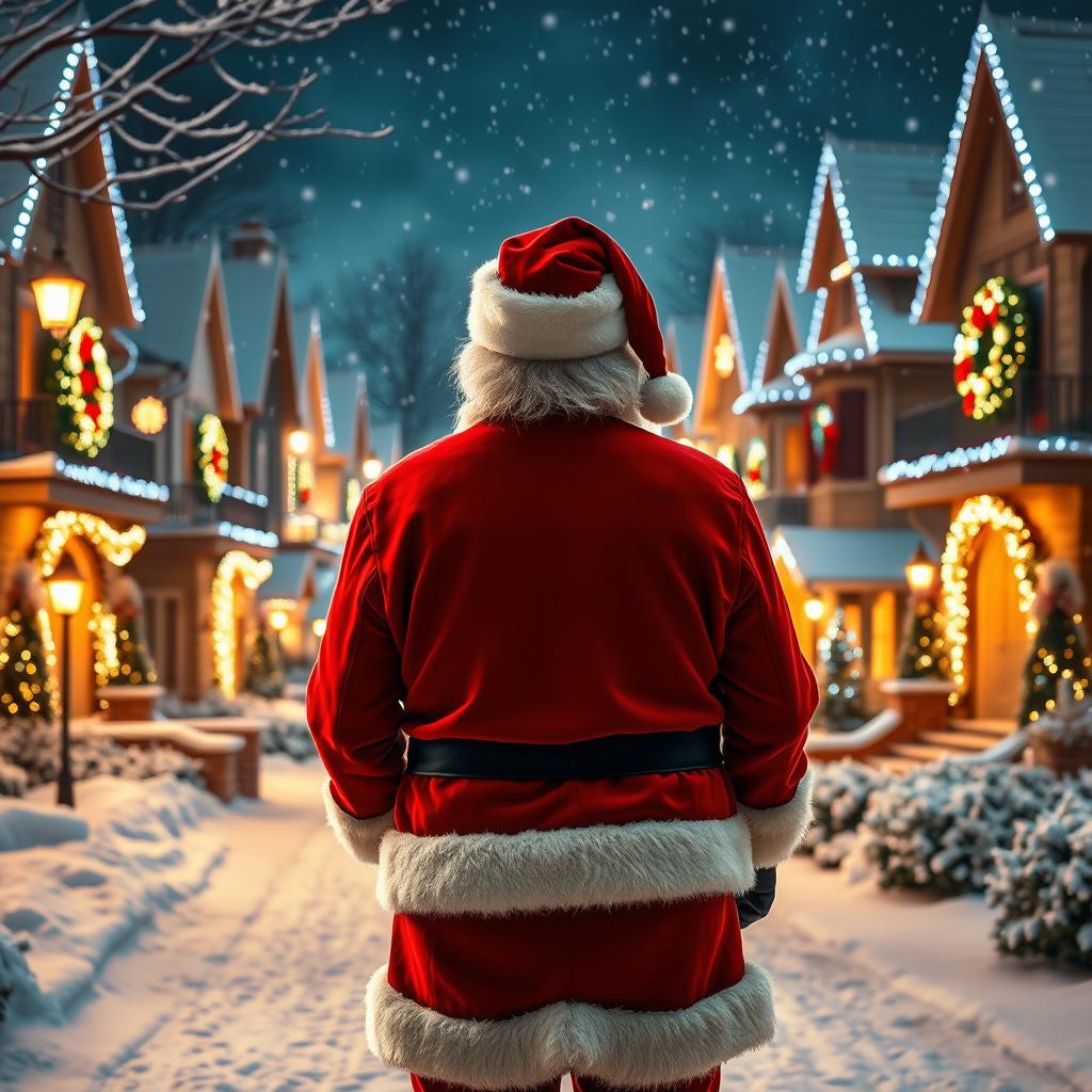 Santa Claus, seen from behind, stands with his back to the camera, gazing down a picturesque snowy neighborhood during Christmas
