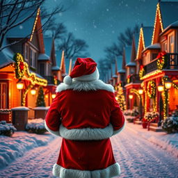 Santa Claus, seen from behind, stands with his back to the camera, gazing down a picturesque snowy neighborhood during Christmas