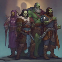 A high-quality digital art image showcasing a diverse group of Dungeons and Dragons characters