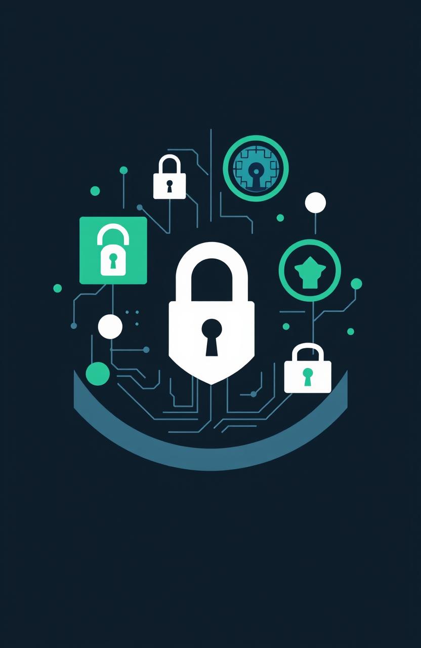 A minimalistic representation of cyber security, featuring abstract shapes and icons related to technology and security such as locks, shields, and circuit patterns