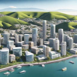 Depiction of Wellington, New Zealand, 200 years in the future, focusing on innovative architecture, eco-friendly city planning, and self-driving cars.