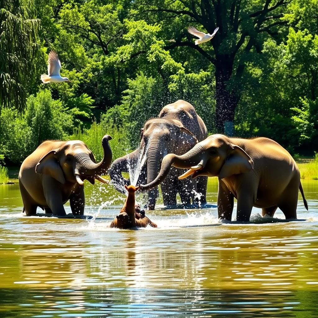 A playful scene of elephants splashing water in a serene pond surrounded by lush greenery