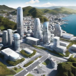 Depiction of Wellington, New Zealand, 200 years in the future, focusing on innovative architecture, eco-friendly city planning, and self-driving cars.