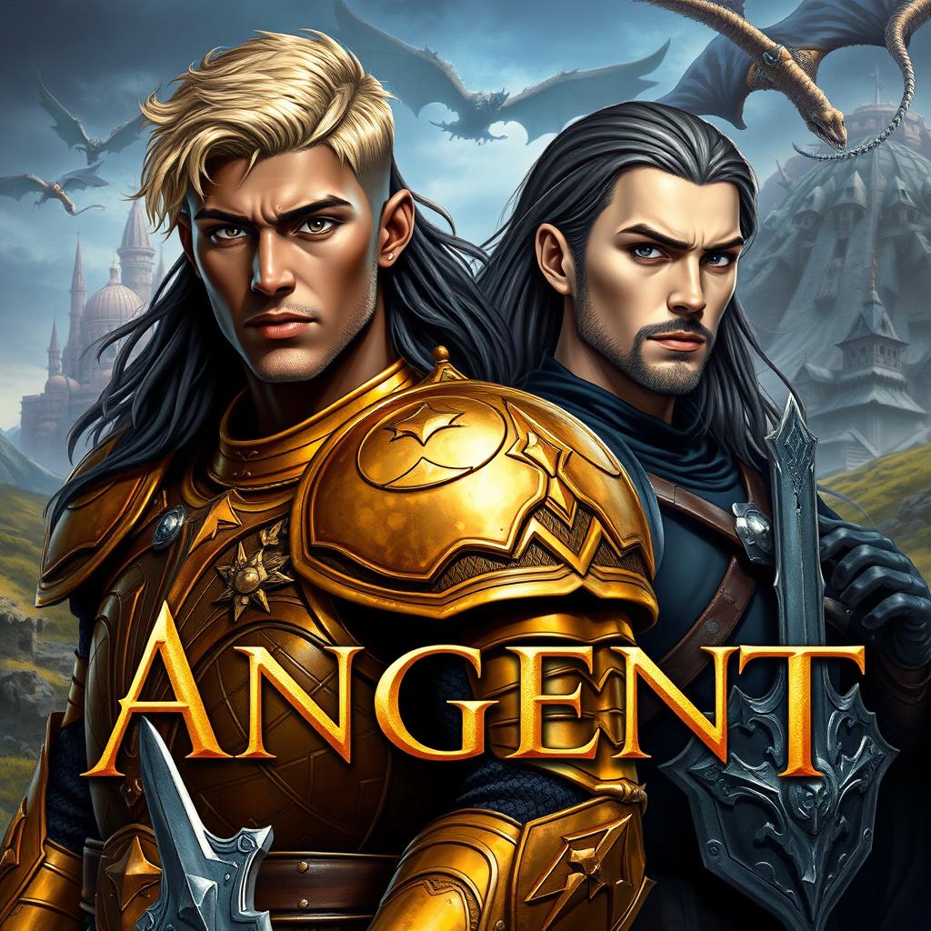 An ancient fantasy book cover featuring a male warrior in golden armor, with short blond hair, dark skin, and black eyes, positioned next to another male warrior with long black hair, fair complexion, and black armor