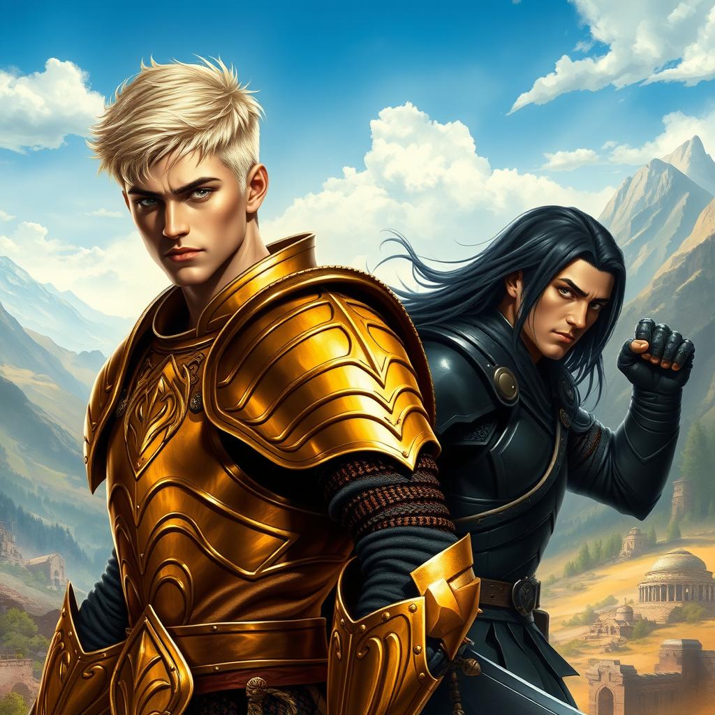 An ancient fantasy book cover featuring a male warrior in shiny golden armor, with short blond hair, dark skin, and striking black eyes, positioned beside another male warrior with long black hair, fair skin, and sleek black armor