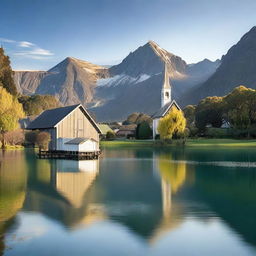 A serene lake with a towering mountain forming the backdrop, accompanied by a quaint boatshed on one side and a picturesque church on the other.