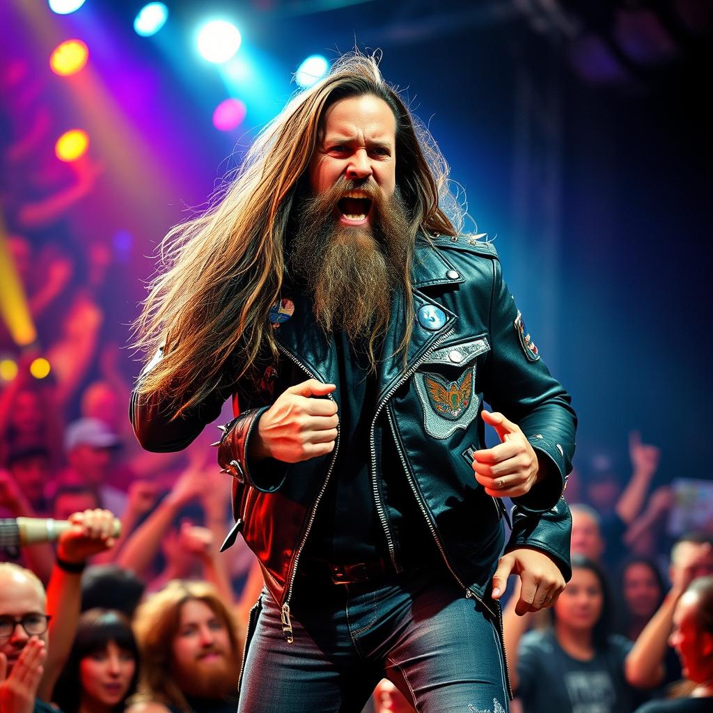 A charismatic rock singer with a long beard and long hair, passionately performing on stage