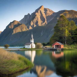 A serene lake with a towering mountain forming the backdrop, accompanied by a quaint boatshed on one side and a picturesque church on the other.