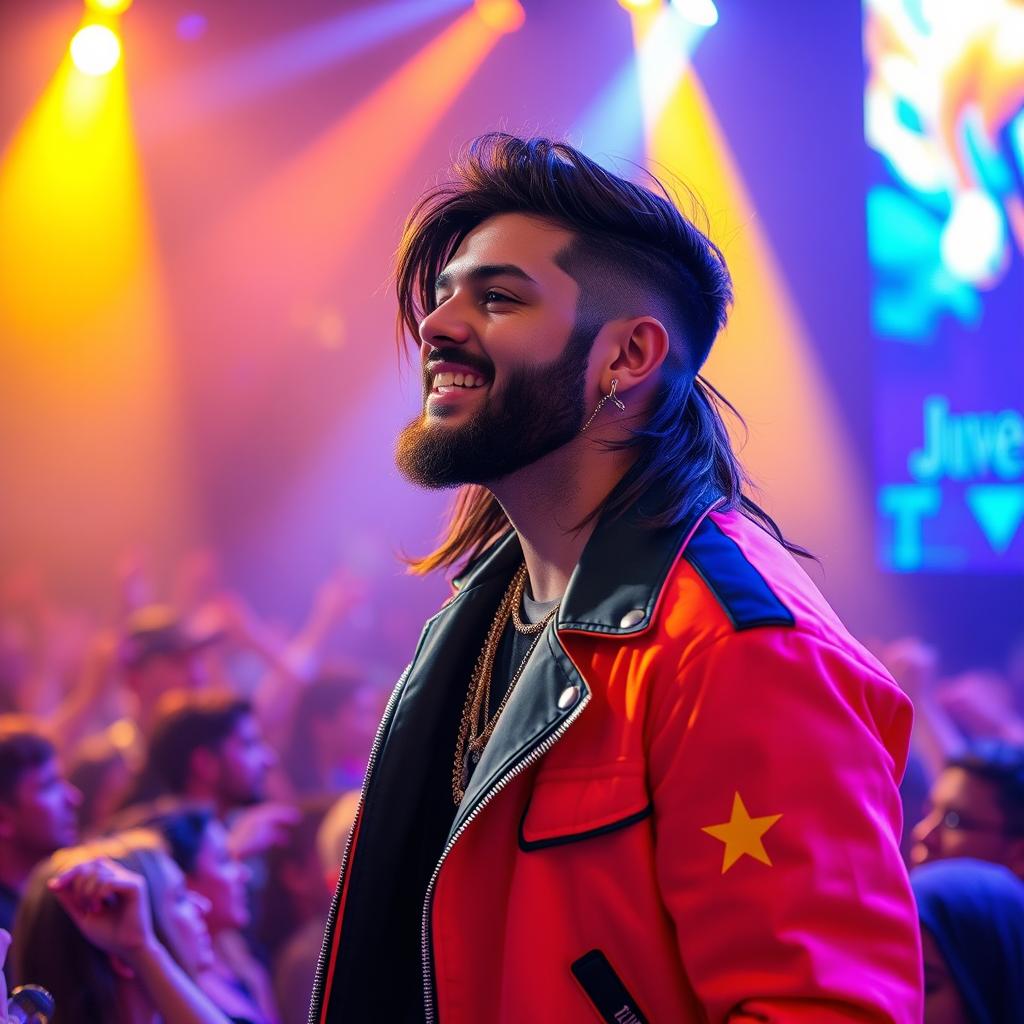 A trendy pop singer with a short beard and long hair, captivating the audience during a vibrant performance