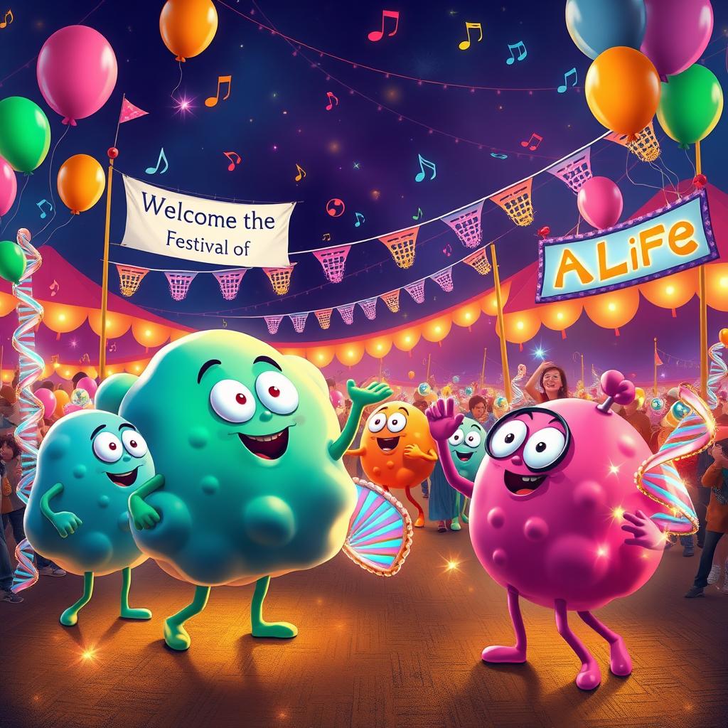 The vibrant scene of a lively festival where large, anthropomorphic cells are celebrating, joyfully checking their surroundings for any errors in DNA