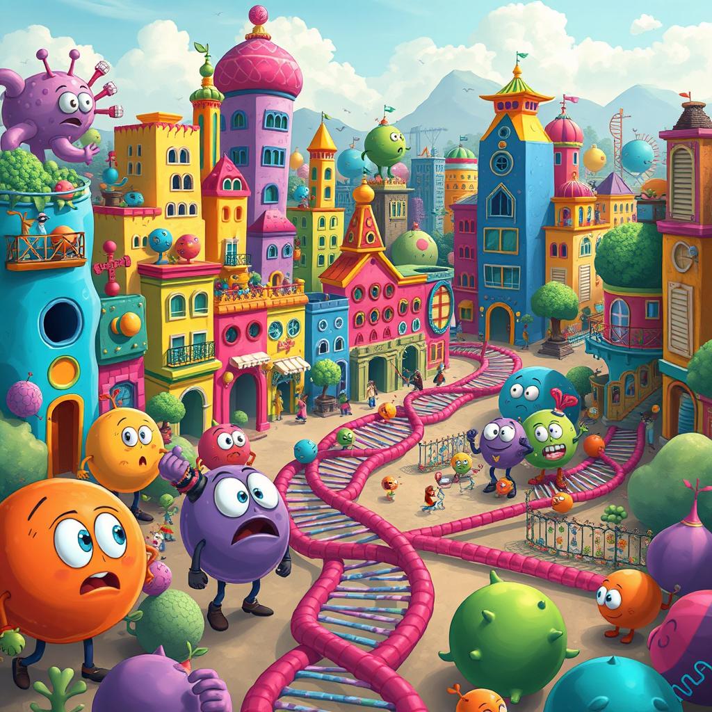 An imaginative scene depicting the city of Cellópolis, where colorful cells coexist harmoniously