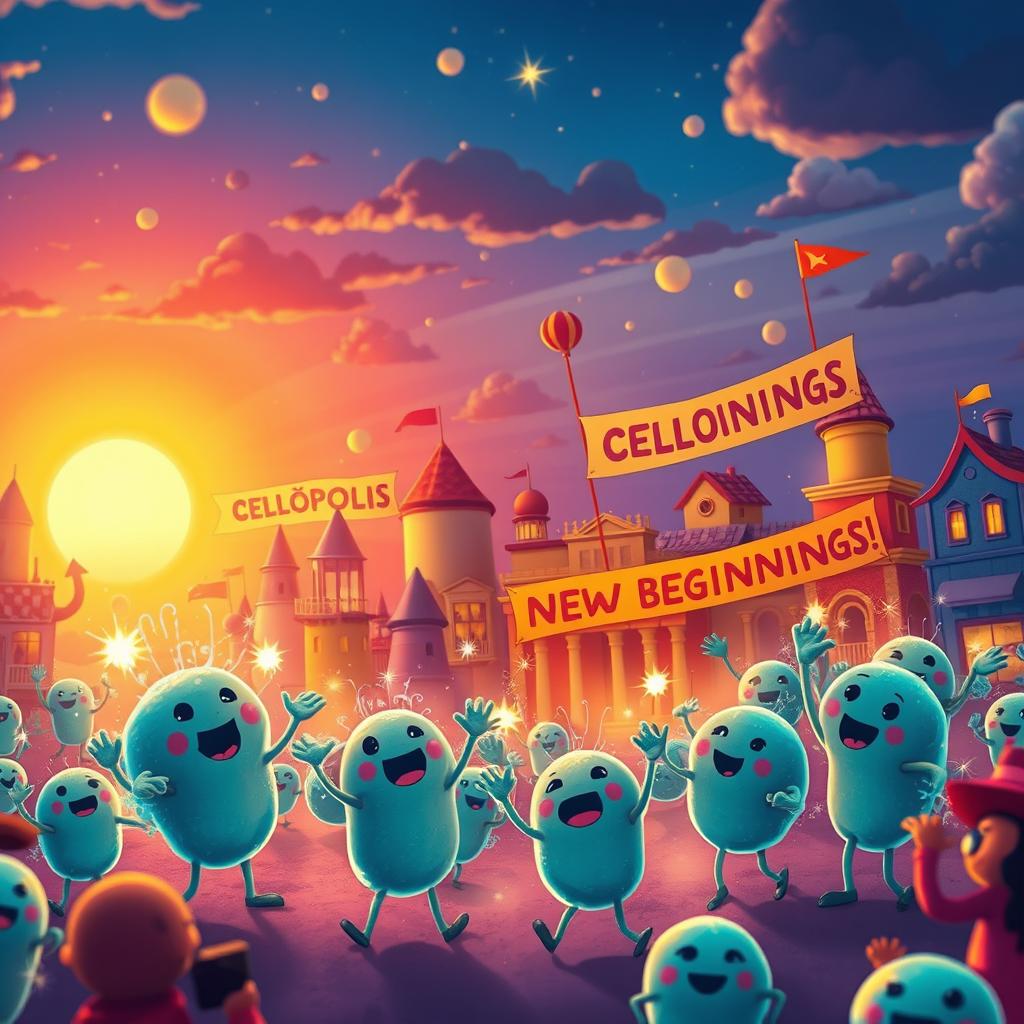 A grand finale scene of the festival in Cellópolis, where newly created, vibrant cells burst with energy and vitality, ready to contribute to life